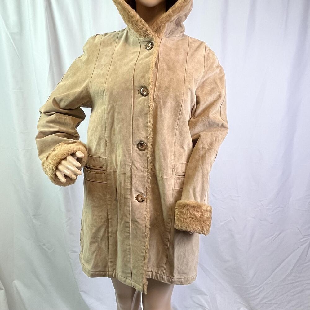 Gallery Coat Womens Xs Brown Leather Hooded Faux Shearling Lined Button Parka